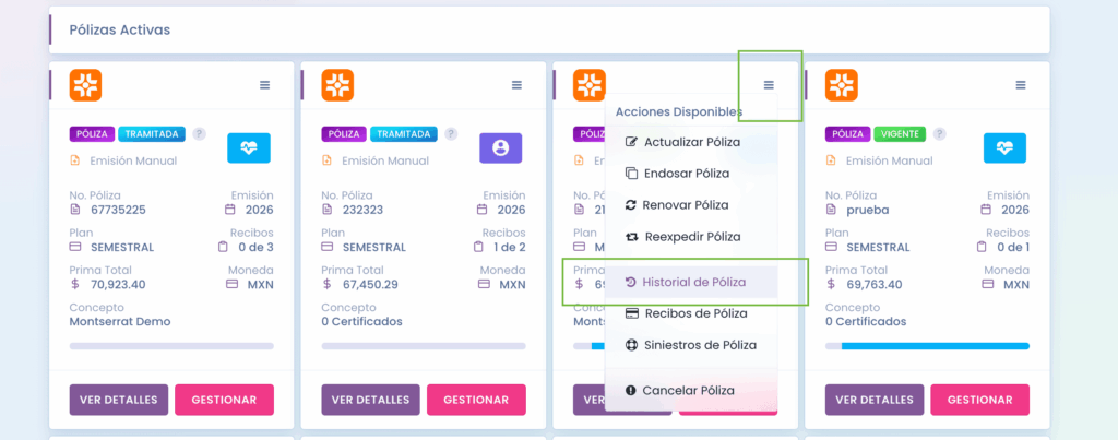 enlazar una póliza como historial